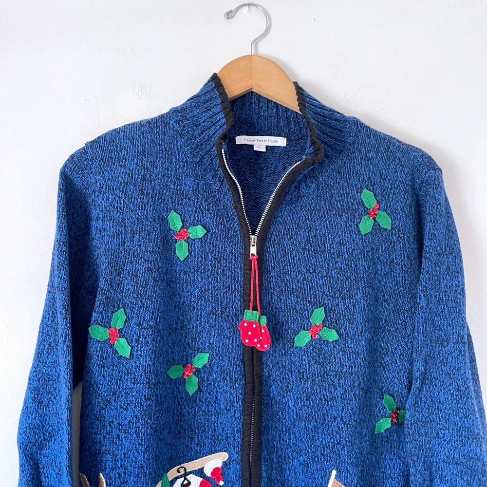 Vintage Christmas Holiday Zip Up Cardigan Medium Winter Retro 90s Ugly Sweater